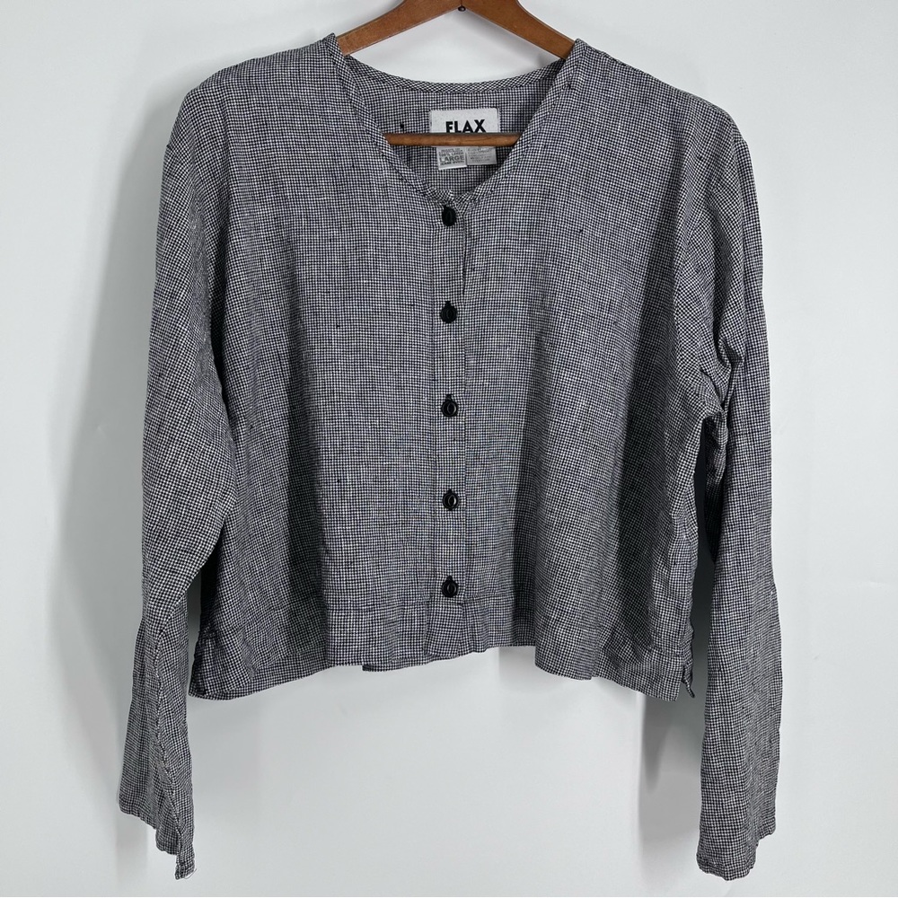 Flax L 100% linen button front cropped jacket plaid 0249 large black gray. VGUC.